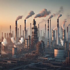 Industrial facility with numerous chimneys pumping smoke  into a clear sky, polluting the air.