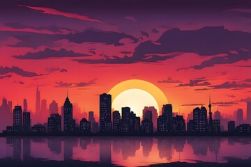 A city skyline at dawn with the buildings silhouetted against the vibrant colors of the rising sun, AI Generated