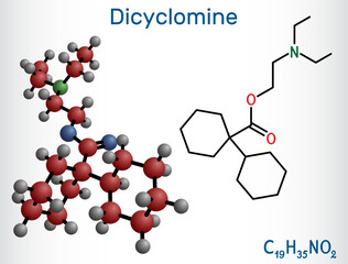 Sticker - Dicyclomine, dicycloverine molecule. Antimuscarinic drug used to treat IBS. Structural chemical formula, molecule model. Vector