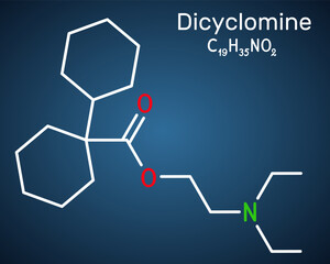 Poster - Dicyclomine, dicycloverine molecule. Antimuscarinic drug used to treat IBS. Structural chemical formula, dark blue background. Vector