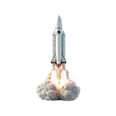 Fototapete - Rockets take off on a white backdrop, spewing white smoke and orange flames. Fit for concepts with a space theme and a science, technology, or inventive theme. Generative AI