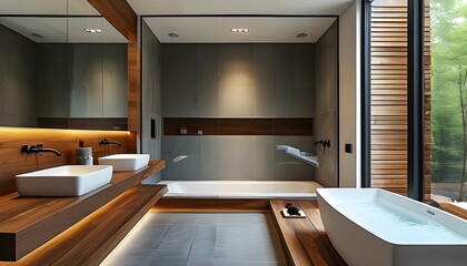 Chic modern bathroom featuring a luxurious bathtub, sleek double sink, and warm wooden accents