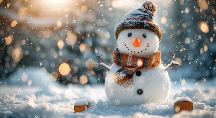 Aufkleber - A cheerful snowman standing in a snowy landscape, with large snowflakes gently falling from the sky. Generative AI.