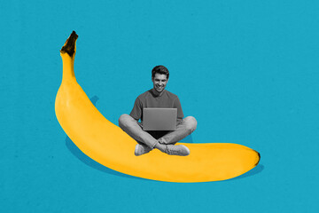 Poster - Creative poster collage of young man working netbook banana fruit eating food bizarre unusual fantasy billboard comics