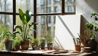 Inspiring creative workspace featuring a blank canvas, lush plants, and vibrant art supplies illuminated by natural light from a large window