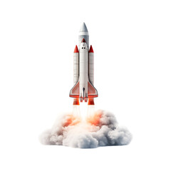 Fototapete - Rockets take off on a white backdrop, spewing white smoke and orange flames. Fit for concepts with a space theme and a science, technology, or inventive theme. Generative AI