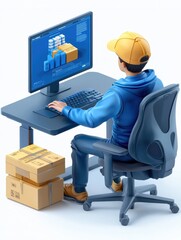 Poster - A person working at a computer in a logistics environment, managing shipments with boxes nearby, representing supply chain operations.