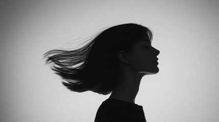  a womanâ€™s silhouette. Her hair is styled naturally, and her soft expression radiates inner beauty