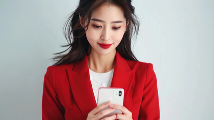 Poster - A beautiful Asian businesswoman using a smartphone on a white background, wearing a red suit. Generative AI.