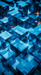 Wall Mural - Perfectly Aligned Glossy Blue Cubes, Modern Tech Wallpaper, 3D Render, Geometric Precision, Futuristic Design, Abstract Background, High-Tech Concept for Technology and Digital Art