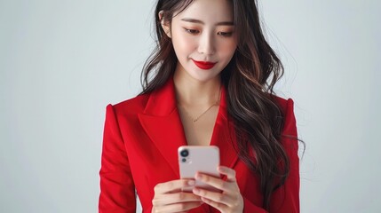 Poster - A beautiful Asian businesswoman using a smartphone on a white background, wearing a red suit. Generative AI.