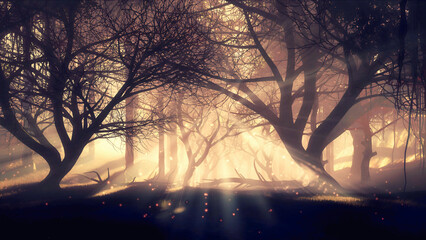 Wall Mural - mysterious woodland landscape with supernatural fairy firefly lights soaring in sun rays and leafles
