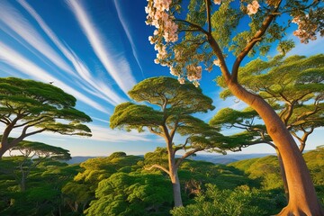 A serene and breathtaking vistascape featuring a brilliant blue sky with wispy white clouds, set against a backdrop of lush green trees with vibrant foliage