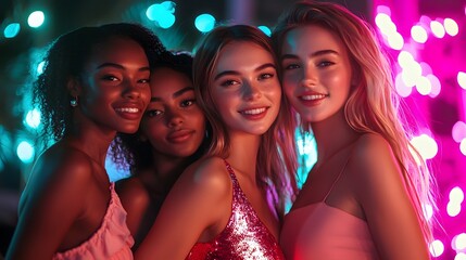 four smiling young women in cocktail dresses enjoying night out in nightclub. photo related to frien