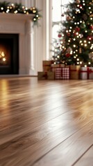 wooden floor for product display on background of room decorated with christmas tree with gift new year box, christmas atmosphere