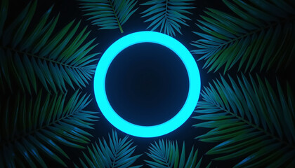 a blue neon circle surrounded by palm leaves on a black background