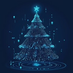 digital glowing tech christmas tree on blue background