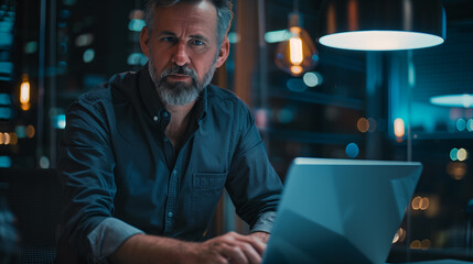 Poster - portrait of a middle age male cyber security expert working on laptop in modern office, experienced tech worker professional IT expert 