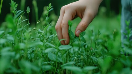 Poster - A person picking a leaf from the grass in front of them, AI