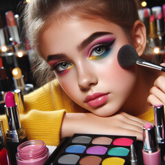 A cute green eyed girl with a colourful make up applying a powder or blush on her cheeks