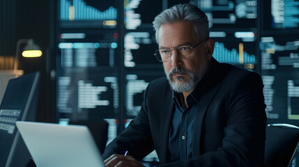 Poster - portrait of a middle age male cyber security expert working on laptop in modern office, experienced 