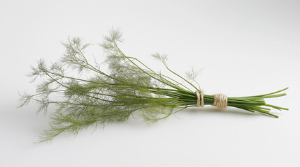 fennel fronds tied with a rustic hemp string its wispy, feather-like structure splaying out against an isolated white background