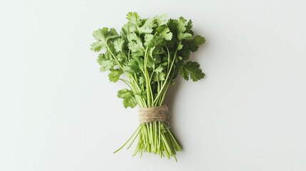 fresh cilantro tied with natural twine its bright, flat leaves offering a burst of green against an isolated white background