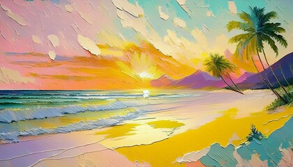 Canvas Print - A Tranquil Beach Scene with Palm Trees and Rolling Waves. Water Color Painting Illustration.