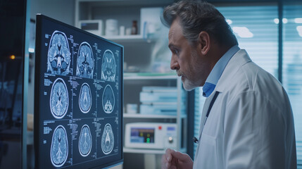 Poster - a doctor looking at computer screen showing MRI scan with brain images in a medical clinic