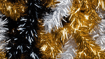 shimmering tinsel garland texture with a blend of pearly gold, black and white strands