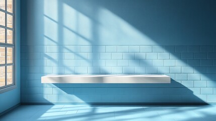 Wall Mural - Minimalist Shelf Against a Blue Tiled Wall with Sunlight