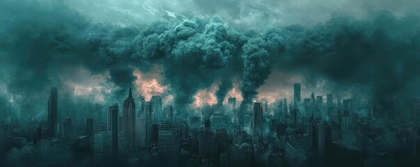 A dramatic view of a dystopian cityscape, engulfed in dark clouds and smoke, conveying a sense of disaster and despair.