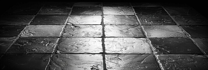 Aufkleber - A series of black and white ceramic tiles present an intricate pattern on a dimly lit floor, showcasing various textures under gentle lighting, evoking a serene atmosphere
