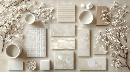 Poster - Various light-colored materials are beautifully arranged alongside delicate floral accents, creating a calm, harmonious design on a neutral background