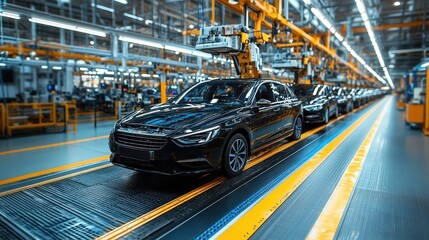 Aufkleber - A sophisticated automotive assembly line operates in a bustling factory, where sleek black cars are being meticulously manufactured with advanced machinery and technology