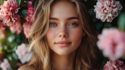 Poster - A young woman stands surrounded by vibrant pink flowers in a lush garden, her calm expression reflecting the serenity of spring. Sunlight enhances her natural beauty