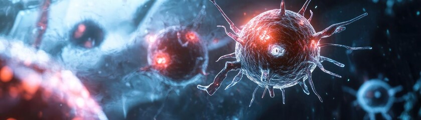 Poster - Close-up view of vibrant, intricate cells showcasing biological processes with glowing highlights in a high-tech environment.