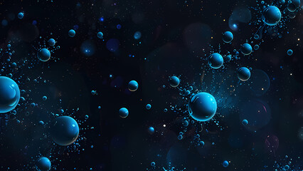 Abstract digital background featuring clusters of bubbles in different sizes, suspended in a dark blue cosmic void