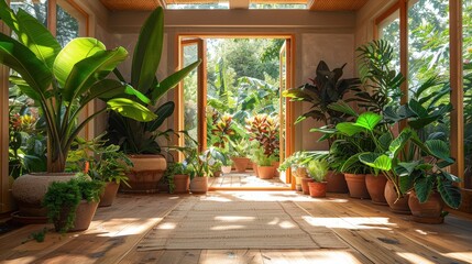 Poster - The space showcases an array of lush plants in terracotta pots, highlighted by sunlight streaming through large windows, creating a tranquil atmosphere