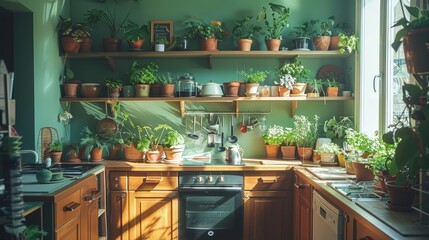 Sticker - A warm kitchen features wooden cabinets and shelves overflowing with potted plants and herbs, illuminated by sunlight streaming through a large window