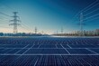 © Exclusive  - A sprawling field of solar panels collects sunlight as power lines stand tall in the background, emphasizing the transition to renewable energy sources during the afternoon