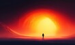 © Autaporn - A serene sunset scene with a lone figure walking towards a glowing horizon, evoking feelings of peace and solitude.