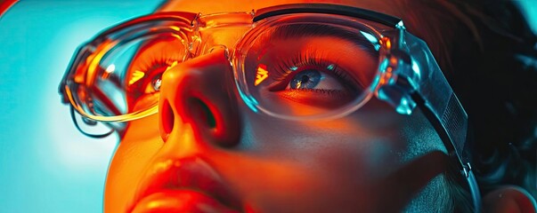 Close-up of a person wearing stylish glasses with colorful lighting, showcasing a modern and artistic vibe.