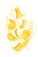 Wall Mural - Orange pieces with orange juice, drops, splashes, flows levitate on white background, isolated. Vitamin citrus fruits, beverage for advertising, label product, branding, flyer, card, poster, design.