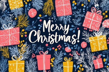 Poster - The vibrant design showcases an array of wrapped presents in various colors, surrounded by decorative foliage and ornaments, all celebrating the holiday spirit beautifully