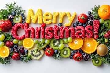 Poster - A vibrant display features the words Merry Christmas created from colorful fruits, surrounded by an assortment of seasonal fruits and green foliage on a white background