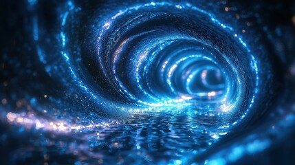 Leinwandbilder - Swirling blue lights create an enchanting tunnel effect above shimmering water, captivating viewers with an ethereal atmosphere and dreamlike quality