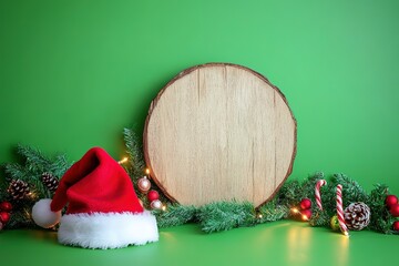 Christmas setup with Santa hat and wooden round board