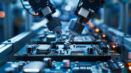 Poster - Robotic arm delicately places a component on a circuit board in a high-tech factory setting.