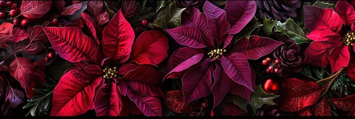 Poster - A striking arrangement of red and purple poinsettias harmonizes with rich greenery and decorative elements, evoking the spirit of the holiday season